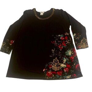 Ulla Popken Tunic Shirt Womens 16 18 Plus Black Floral Long Sleeve Beaded Empire